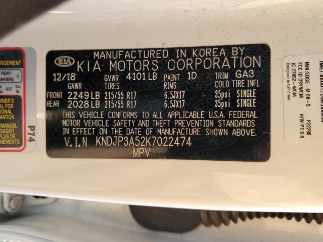 KNDJP3A52K7022474 - 2019 KIA SOUL + WHITE photo 12