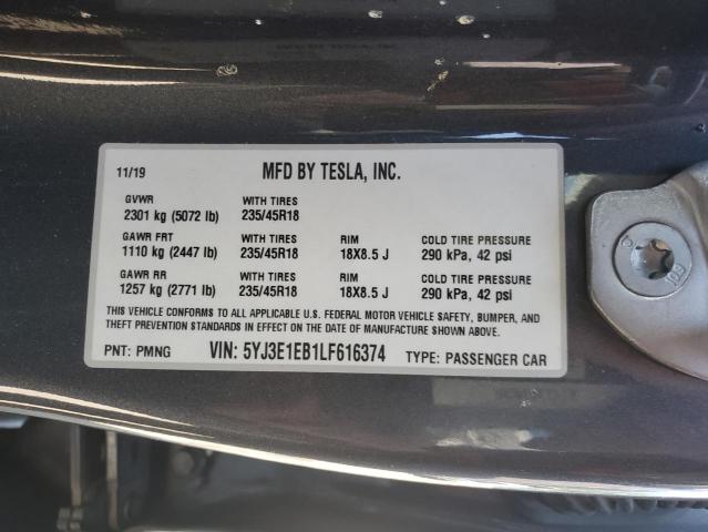 5YJ3E1EB1LF616374 - 2020 TESLA MODEL 3 Boz foto 12