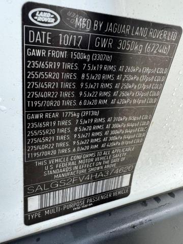 SALGS2FV4HA374620 - 2017 LAND ROVER RANGE ROVE HSE WHITE photo 10