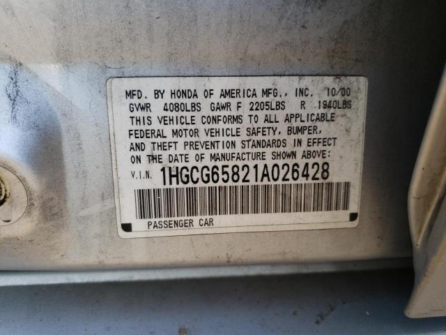 1HGCG65821A026428 - 2001 HONDA ACCORD EX SILVER photo 12