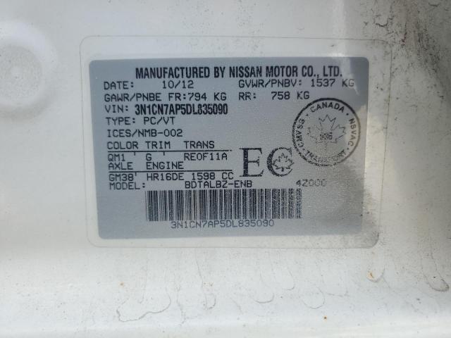 3N1CN7AP5DL835090 - 2013 NISSAN VERSA S WHITE photo 12