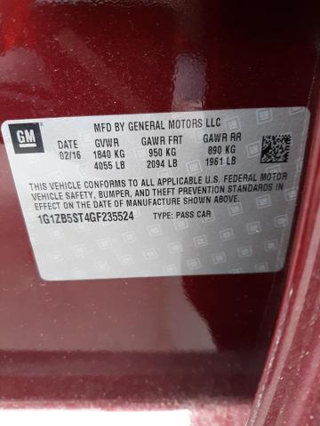 1G1ZB5ST4GF235524 - 2016 CHEVROLET MALIBU LS მუქწითელი ფოტო 12