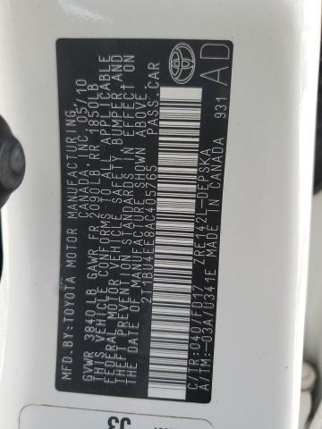 2T1BU4EE8AC405765 - 2010 TOYOTA COROLLA BASE Սպիտակ լուսանկար 12