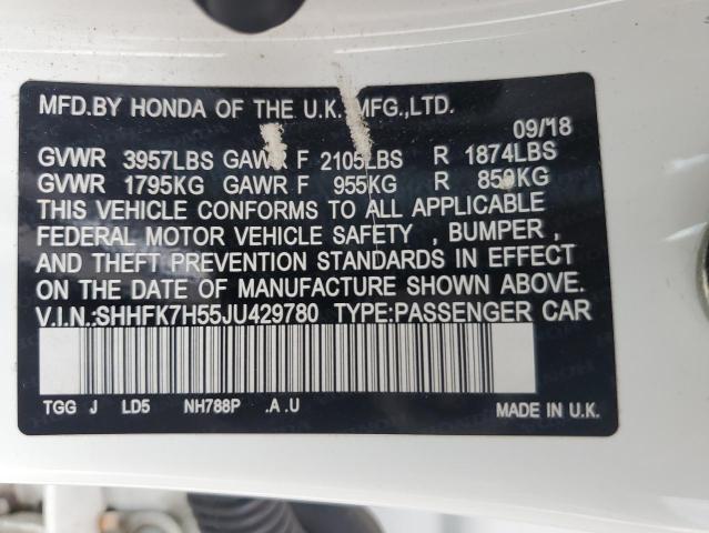 SHHFK7H55JU429780 - 2018 HONDA CIVIC EX 白色 照片 12