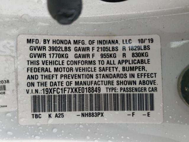 19XFC1F7XKE018849 - 2019 HONDA CIVIC EXL WHITE photo 12