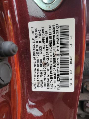 19XFB2F82CE362128 - 2012 HONDA CIVIC EX BURGUNDY photo 12