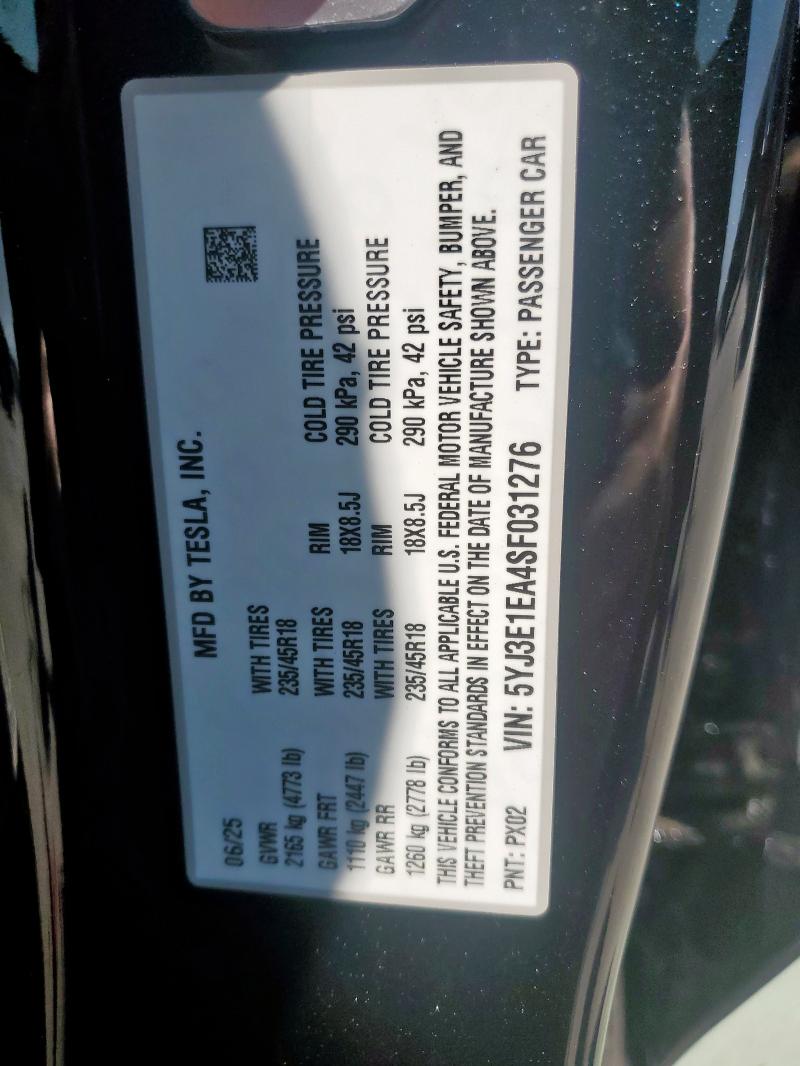 5YJ3E1EA4SF031276 - 2025 TESLA MODEL 3 BLACK photo 13