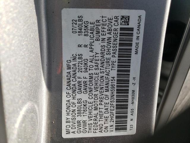 2HGFE2F53NH596154 - 2022 HONDA CIVIC SPORT 银色 照片 12