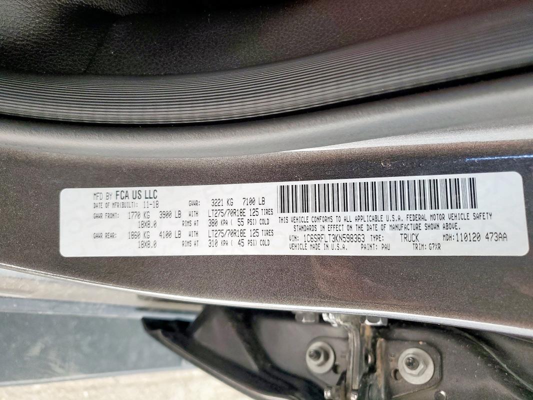 1C6SRFLT3KN598363 - 2019 RAM 1500 REBEL 灰色 照片 12