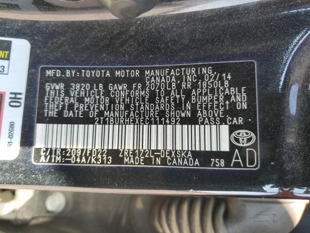 2T1BURHEXEC111492 - 2014 TOYOTA COROLLA L Қара фото 12