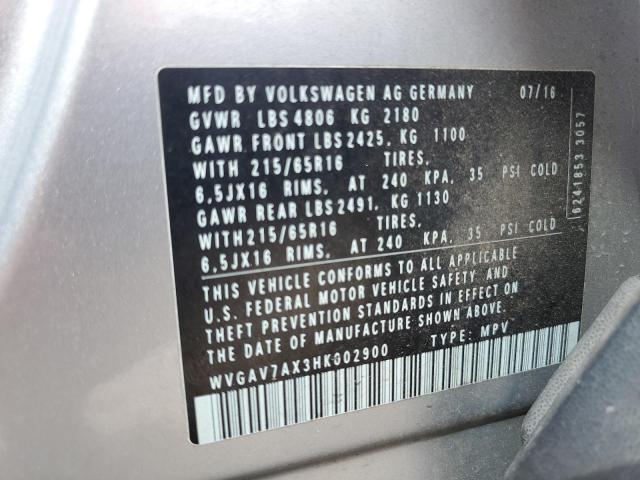 WVGAV7AX3HK002900 - 2017 VOLKSWAGEN TIGUAN S SILVER photo 12