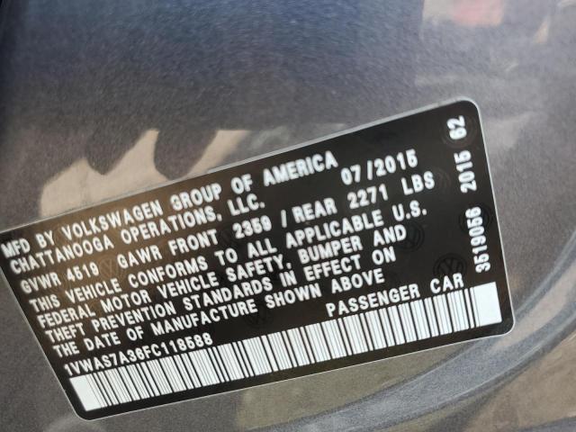 1VWAS7A36FC118588 - 2015 VOLKSWAGEN PASSAT S ნაცრისფერი ფოტო 12