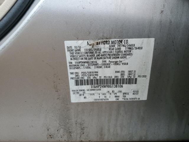 1FAHP2HW9BG138106 - 2011 FORD TAURUS SEL SILVER photo 12