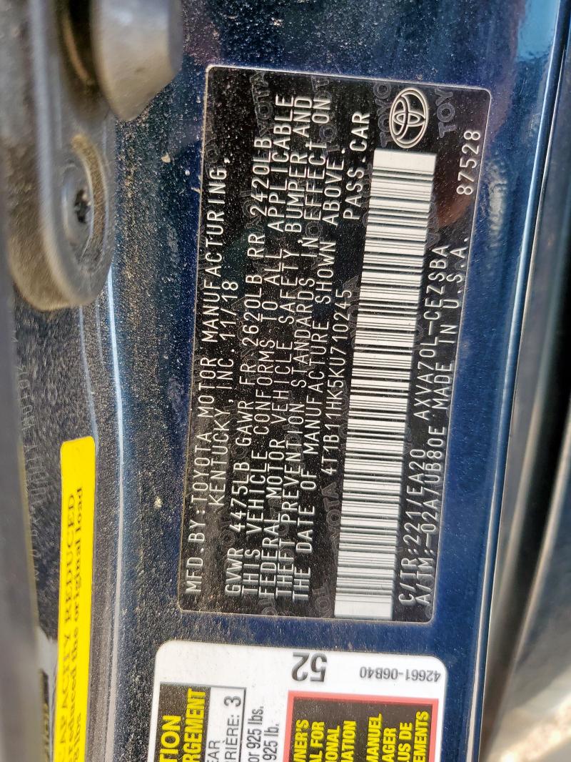 4T1B11HK5KU710245 - 2019 TOYOTA CAMRY L BLACK photo 12