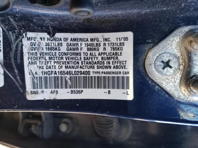 1HGFA16546L029400 - 2006 HONDA CIVIC LX BLUE photo 13