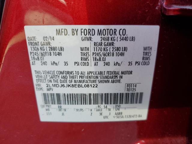 2LMDJ6JK8EBL08122 - 2014 LINCOLN MKX RED photo 12