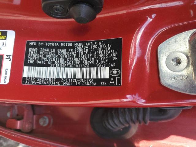 2T1BU4EE3DC031876 - 2013 TOYOTA COROLLA BASE 红色 照片 12