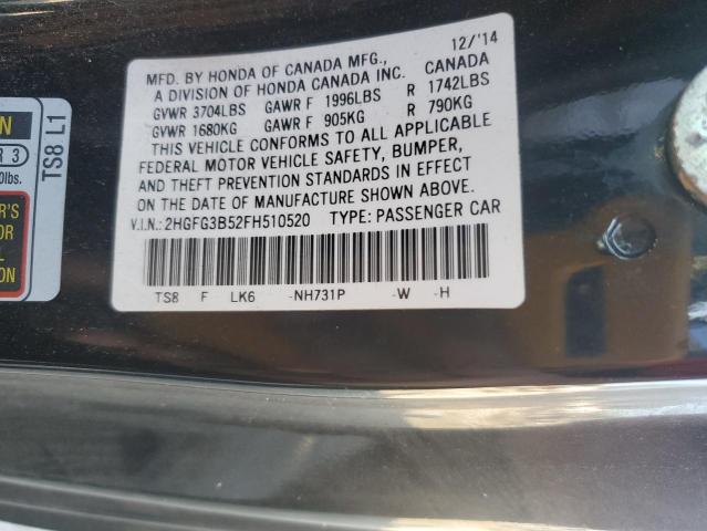 2HGFG3B52FH510520 - 2015 HONDA CIVIC LX შავი ფოტო 13