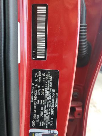 3KPF24AD4KE053498 - 2019 KIA FORTE FE RED photo 12