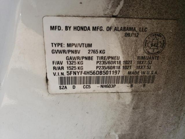 5FNYF4H56DB501197 - 2013 HONDA PILOT EXL თეთრი ფოტო 13