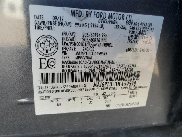 MAJ6P1UL3JC159598 - 2018 FORD ECOSPORT SE Gris foto 12