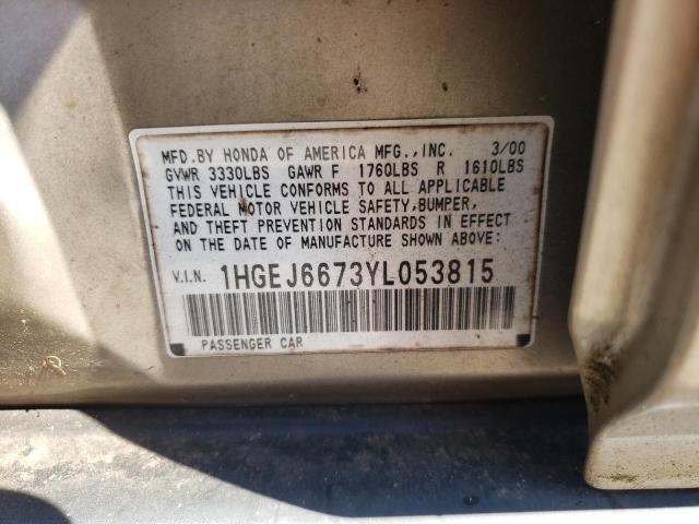 1HGEJ6673YL053815 - 2000 HONDA CIVIC LX GOLD photo 12