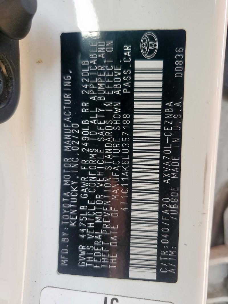 4T1C11AK6LU357188 - 2020 TOYOTA CAMRY LE WHITE photo 13