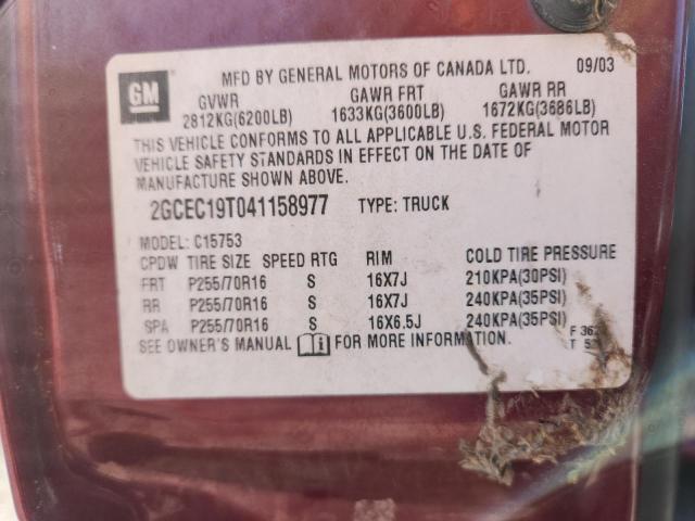 2GCEC19T041158977 - 2004 CHEVROLET SILVERADO C1500 BURGUNDY photo 12