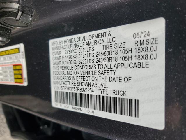 5FPYK3F53RB021254 - 2024 HONDA RIDGELINE RTL فحمي صورة 12