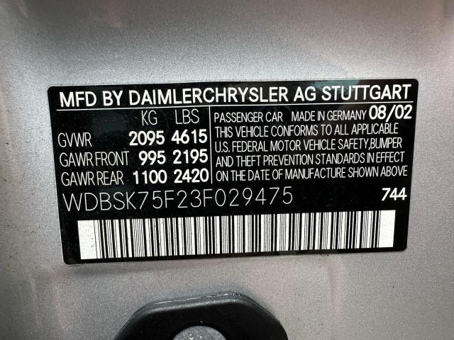 WDBSK75F23F029475 - 2003 MERCEDES-BENZ SL 500R GRAY photo 10