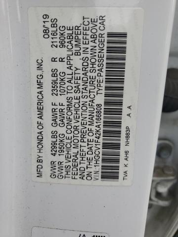 1HGCV1F42KA166808 - 2019 HONDA ACCORD EX Ақ фото 12