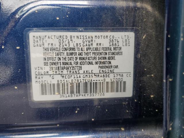 3N1AB7AP4KY357728 - 2019 NISSAN SENTRA S ლურჯი ფოტო 12