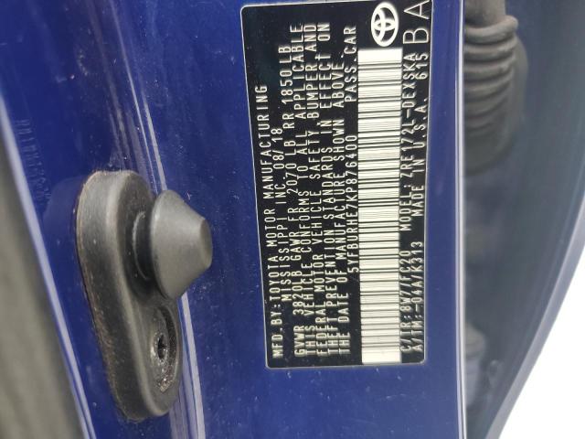5YFBURHE7KP876400 - 2019 TOYOTA COROLLA L BLUE photo 13