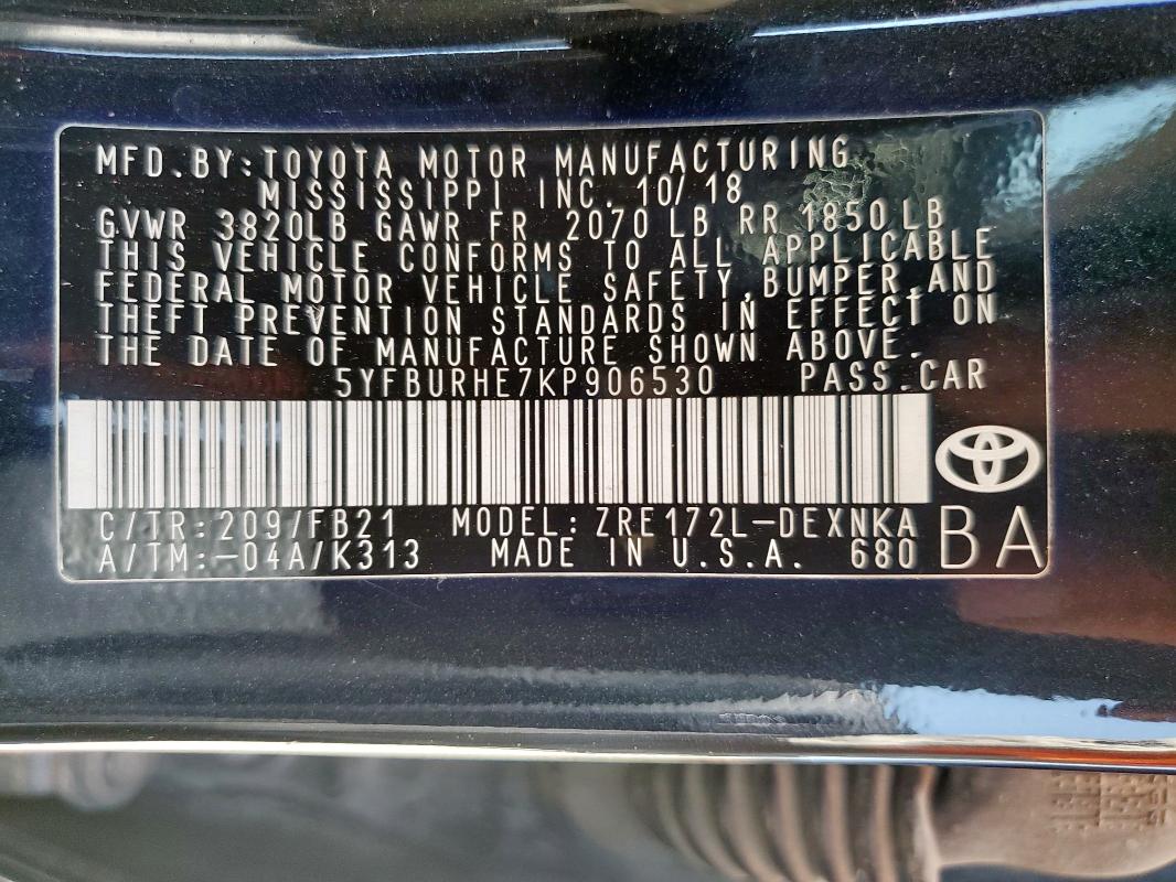 5YFBURHE7KP906530 - 2019 TOYOTA COROLLA L BLACK photo 13