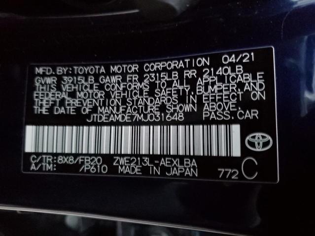 JTDEAMDE7MJ031648 - 2021 TOYOTA COROLLA LE BLUE photo 12