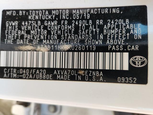 4T1B11HK6KU260119 - 2019 TOYOTA CAMRY L WHITE photo 13