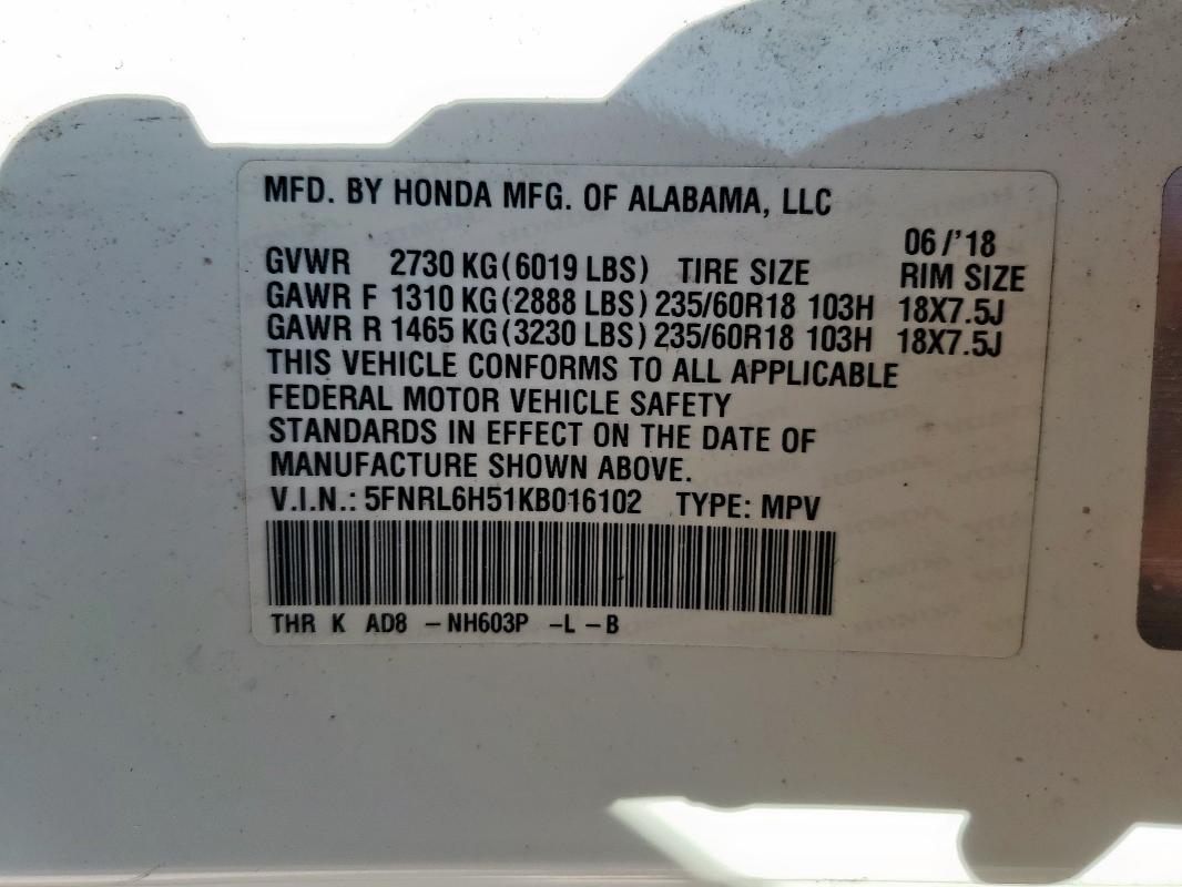 5FNRL6H51KB016102 - 2019 HONDA ODYSSEY EX WHITE photo 13
