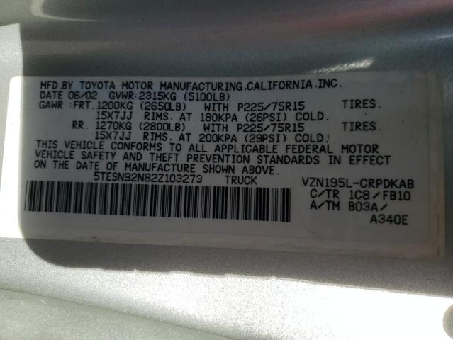5TESN92N82Z103273 - 2002 TOYOTA TACOMA XTRACAB PRERUNNER ვერცხლისფერი ფოტო 13