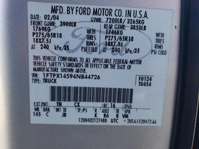 1FTPX14594NB44726 - 2004 FORD F150 GRAY photo 12