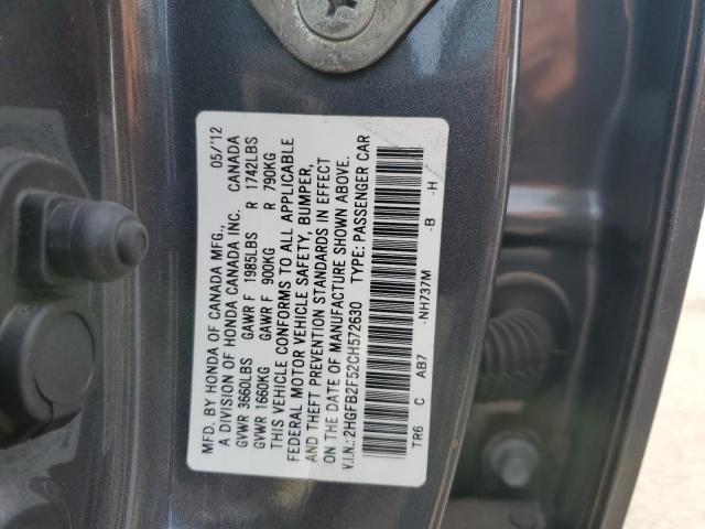 2HGFB2F52CH572630 - 2012 HONDA CIVIC LX ნაცრისფერი ფოტო 12