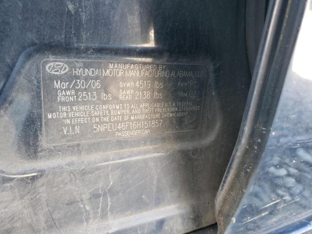 5NPEU46F16H151857 - 2006 HYUNDAI SONATA GLS BLUE photo 12