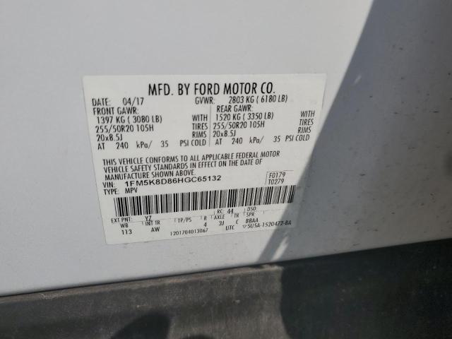 1FM5K8D86HGC65132 - 2017 FORD EXPLORER XLT WHITE photo 13