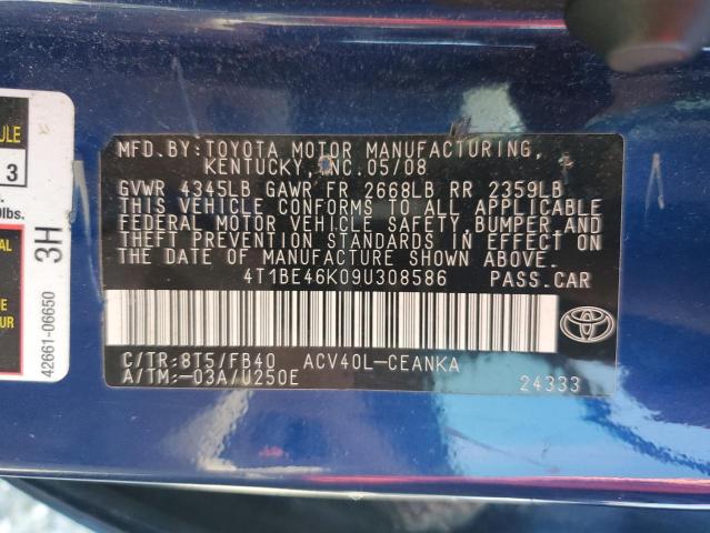 4T1BE46K09U308586 - 2009 TOYOTA CAMRY BASE BLUE photo 12