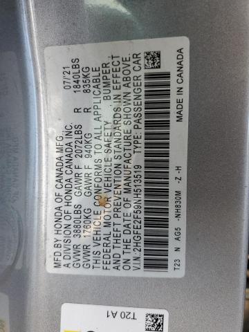 2HGFE2F59NH513519 - 2022 HONDA CIVIC SPORT SILVER photo 12