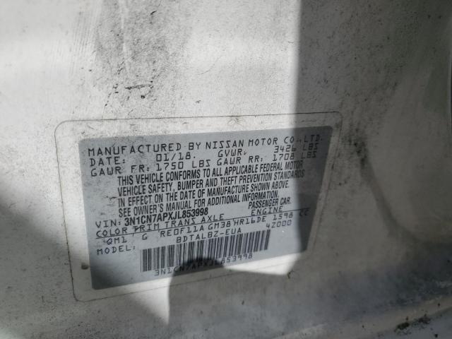 3N1CN7APXJL853998 - 2018 NISSAN VERSA S 白色 照片 12