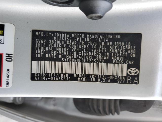 5YFBURHE0FP235370 - 2015 TOYOTA COROLLA L SILVER photo 12