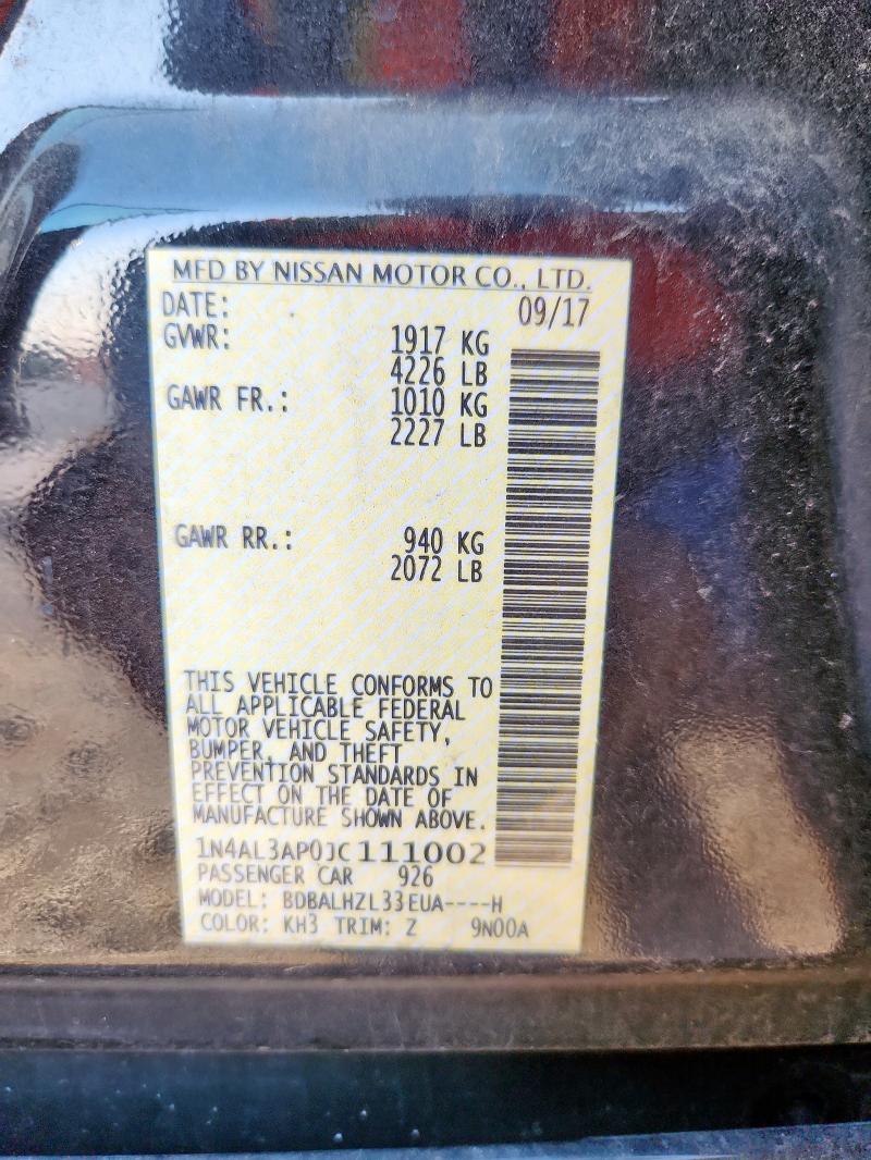 1N4AL3AP0JC111002 - 2018 NISSAN ALTIMA 2.5 Чорний фото 12