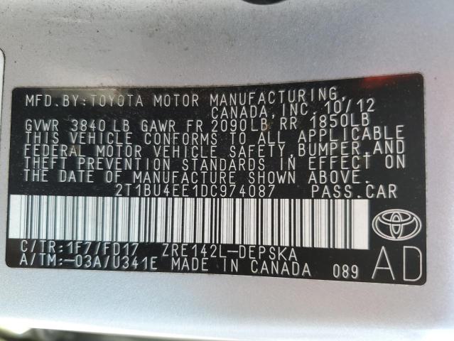 2T1BU4EE1DC974087 - 2013 TOYOTA COROLLA BASE Күміс фото 12