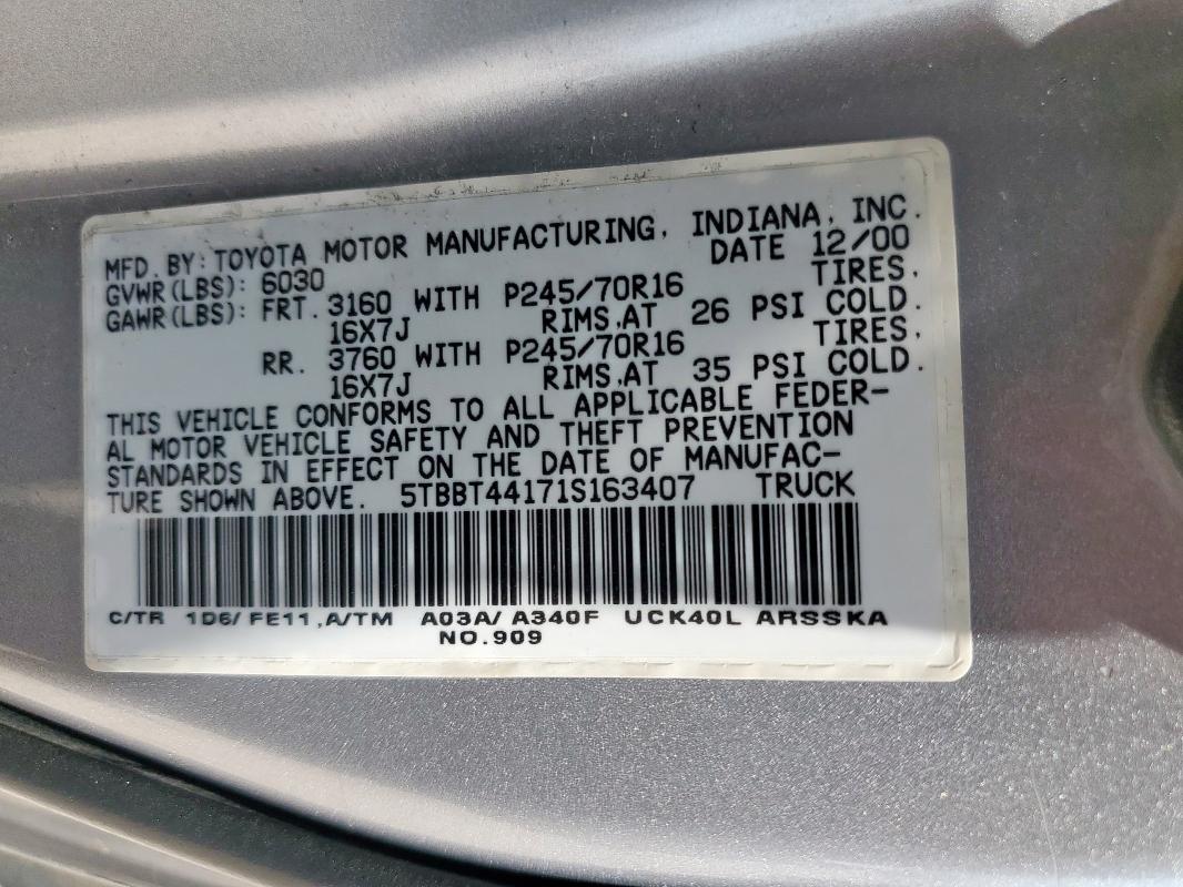 5TBBT44171S163407 - 2001 TOYOTA TUNDRA ACCESS CAB Gris photo 12