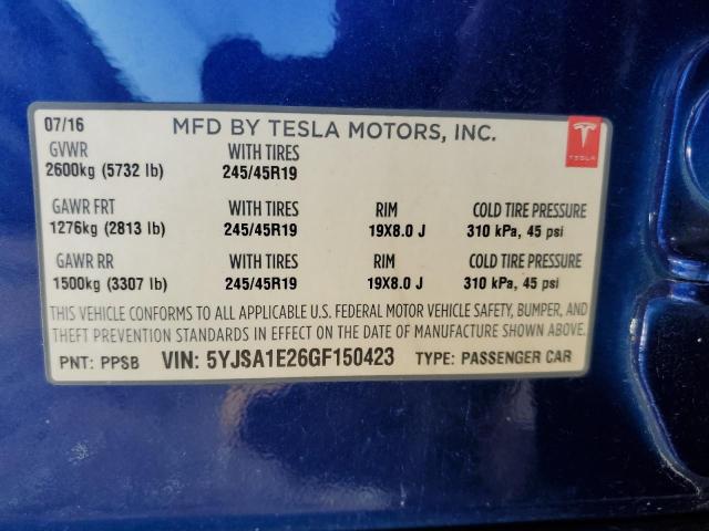 5YJSA1E26GF150423 - 2016 TESLA MODEL S ლურჯი ფოტო 12